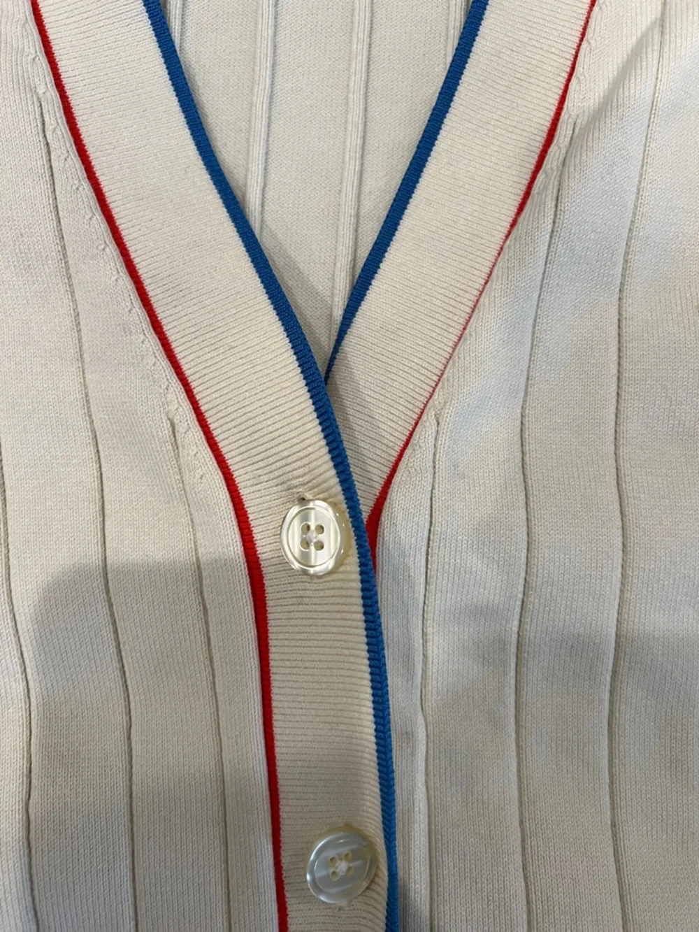 KULE Cream Ribbed Cardigan with Red & Blue Piping - Picture 3 of 6
